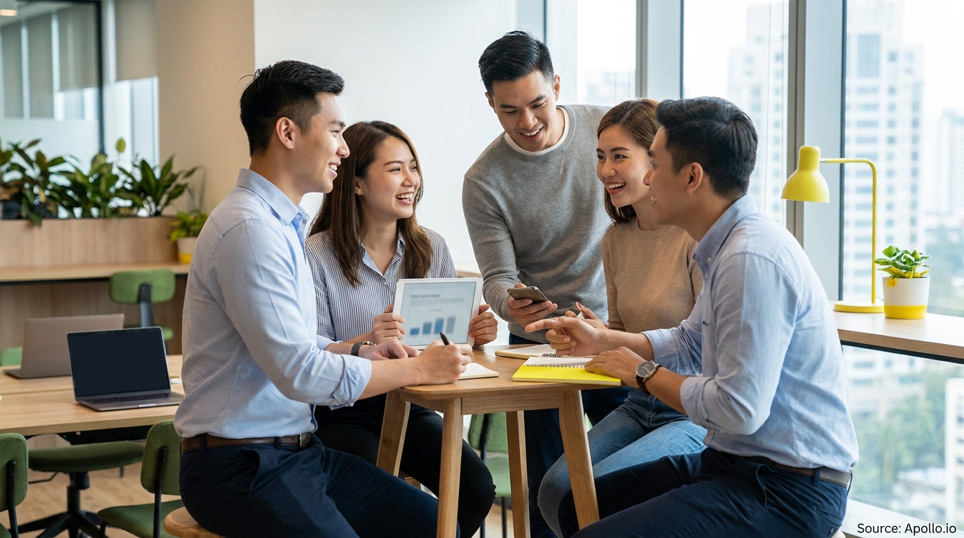 Five smiling colleagues collaborate around a table with a tablet and notes in a modern office.
