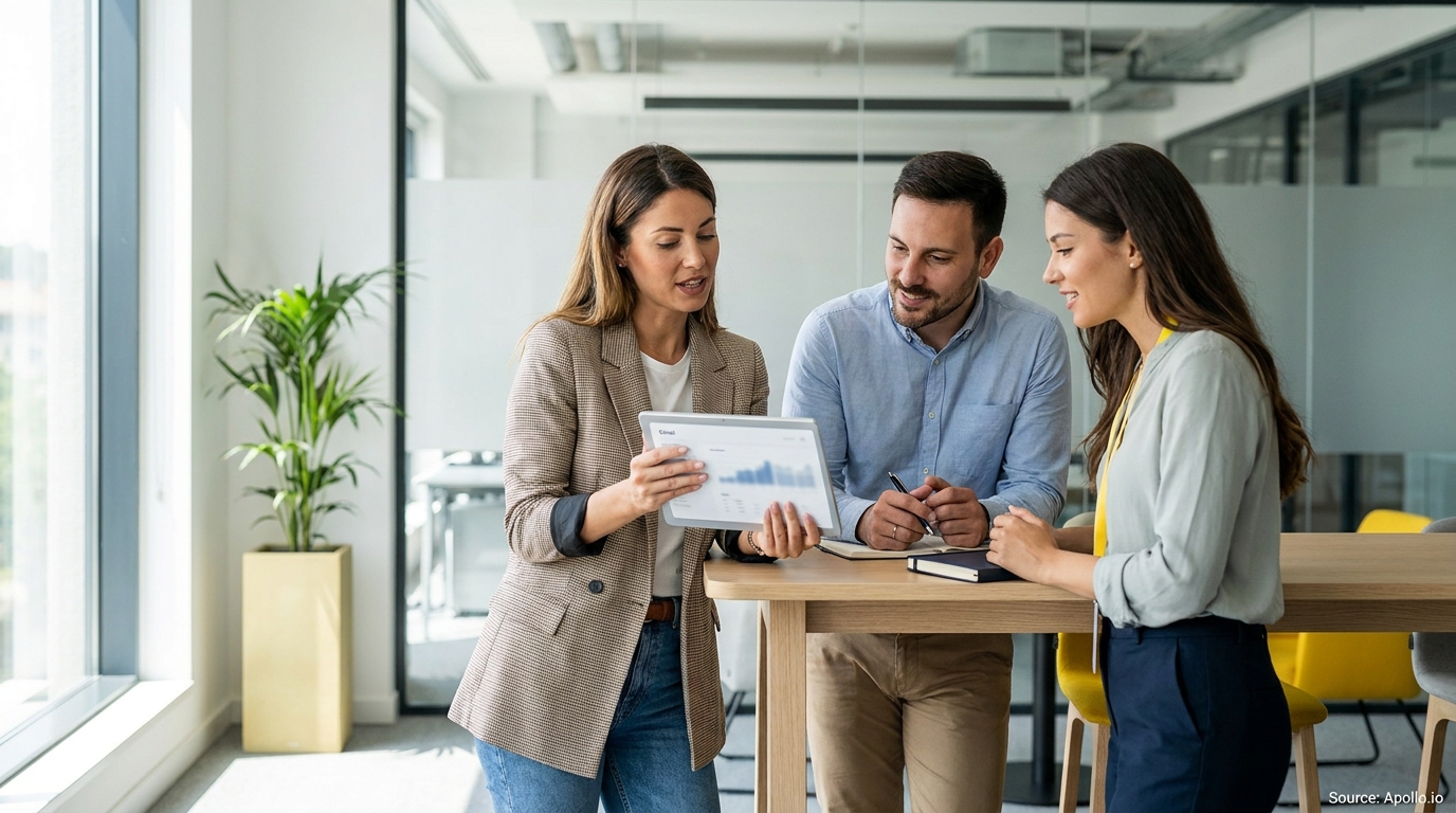 Three professionals review charts on a tablet at a bright office table.