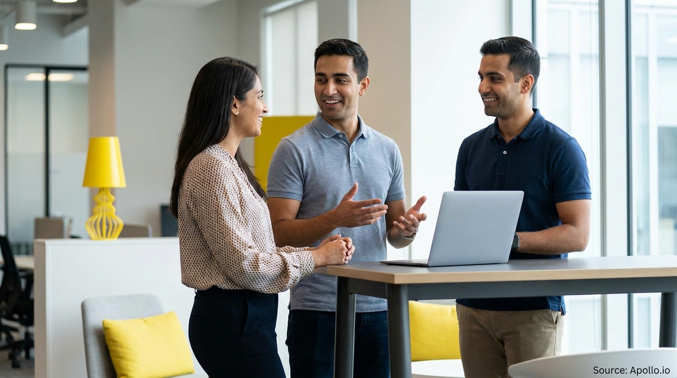 Three professionals discuss around a laptop in a bright, modern office setting.