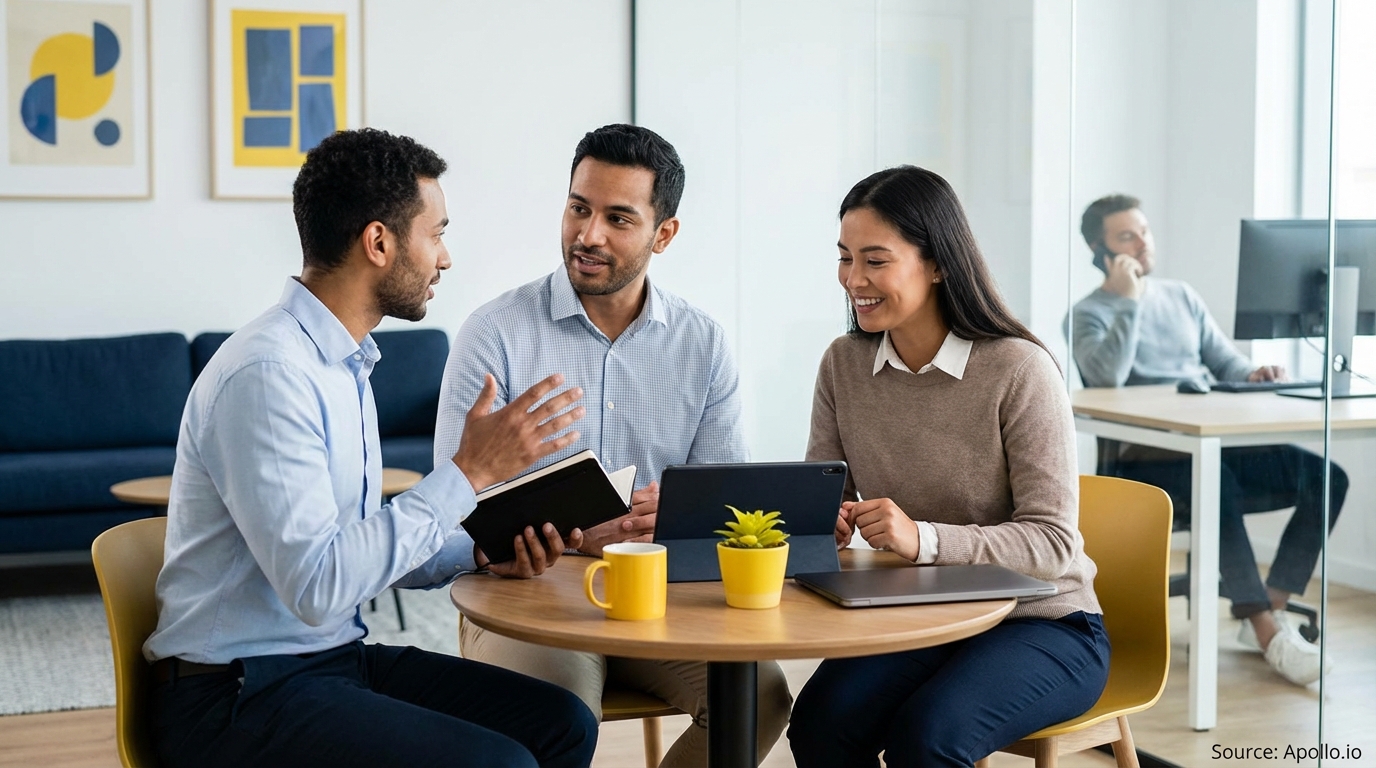 Three professionals discuss strategy at a modern office table.