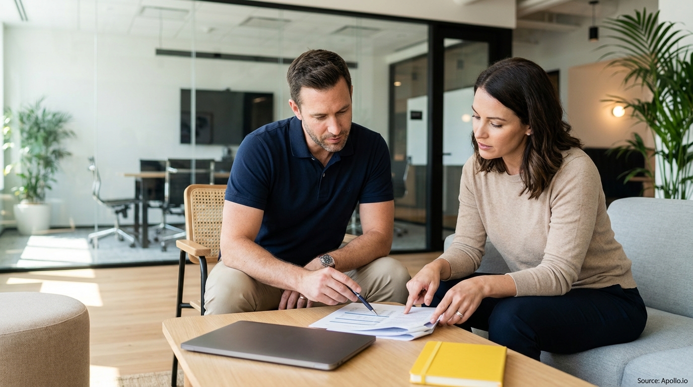 Two people review documents on a coffee table in a modern office.