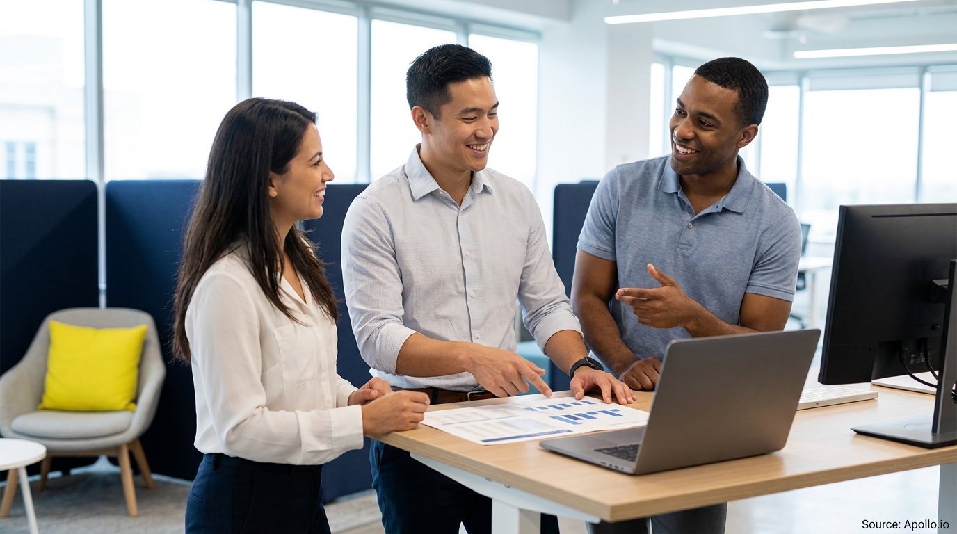Three diverse professionals smiling and discussing data at a modern office desk.