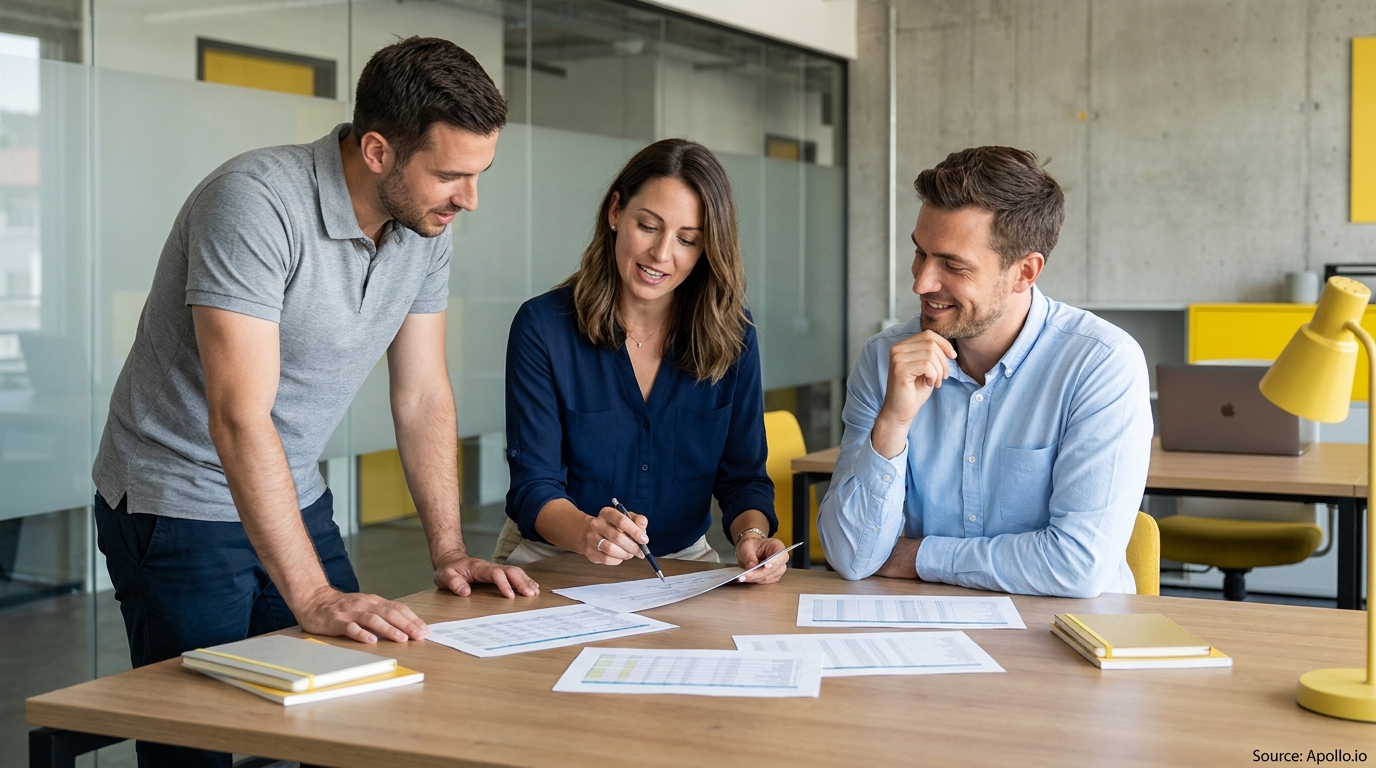 Three professionals review documents at a modern office table, one pointing.