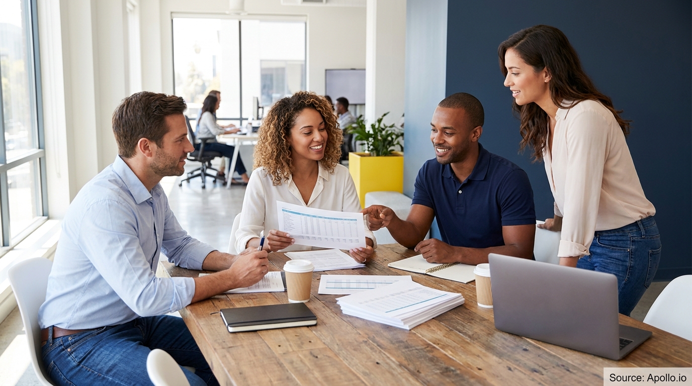 Four diverse professionals collaborate around a table in a modern office.