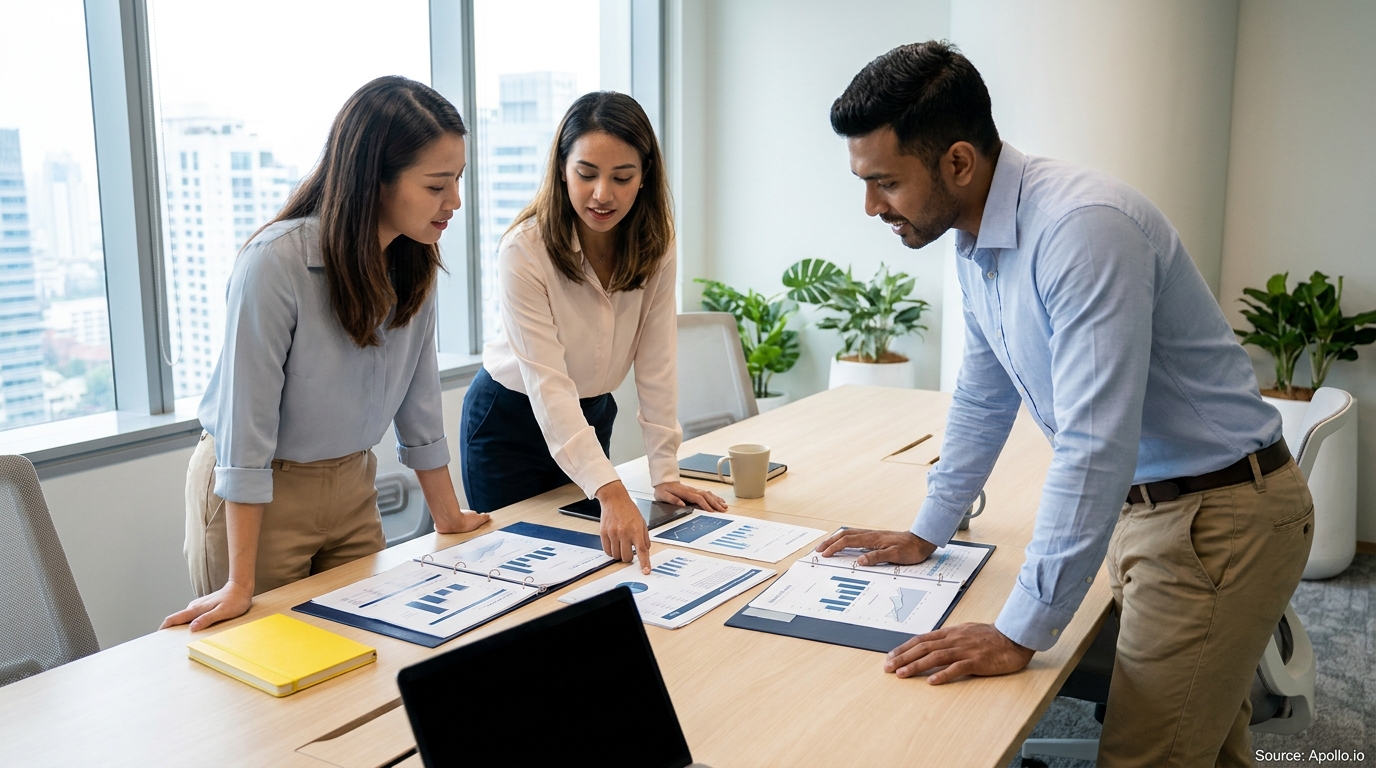 Three professionals discussing data around a table in a modern office.