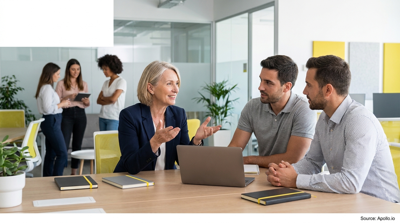 Six professionals discussing in a modern office, three at a table and three in the background.