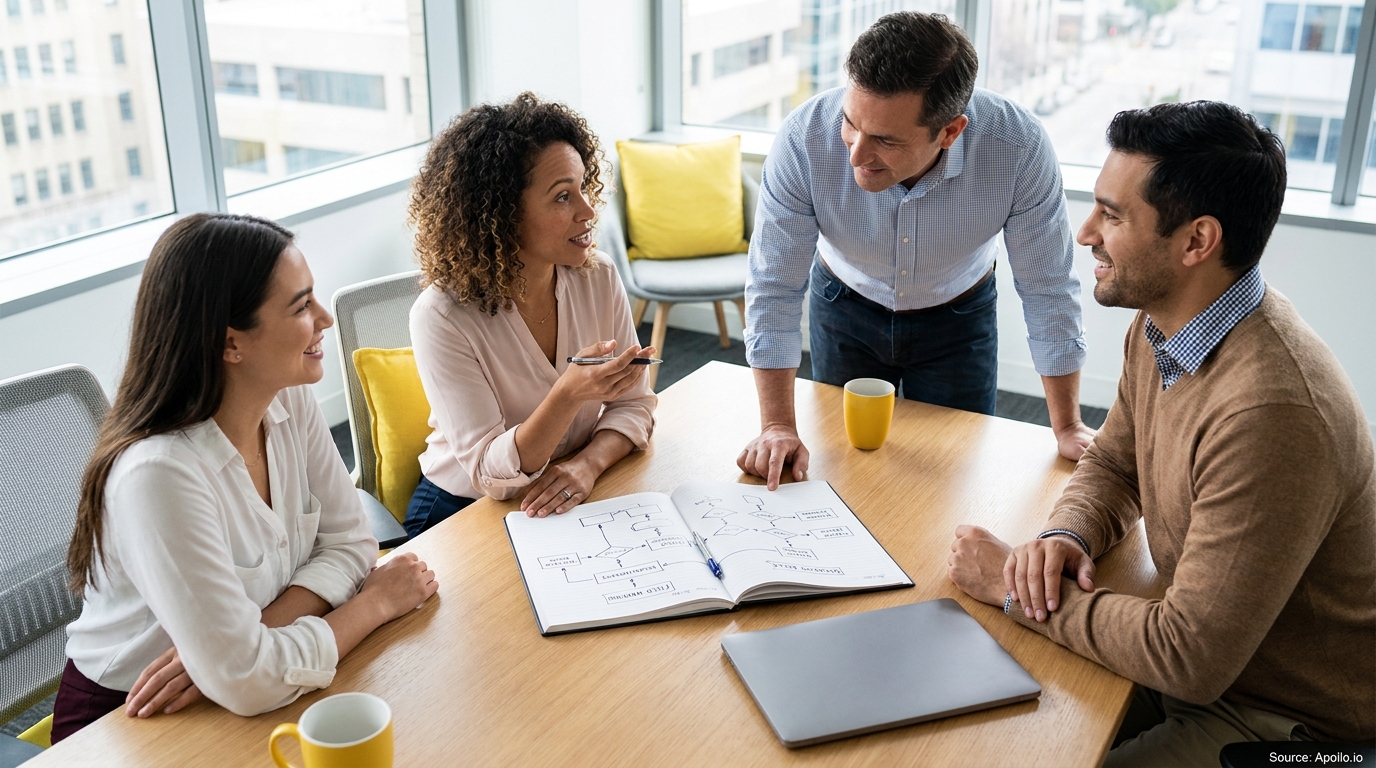 Four professionals discuss a flowchart at a modern office table with city views.
