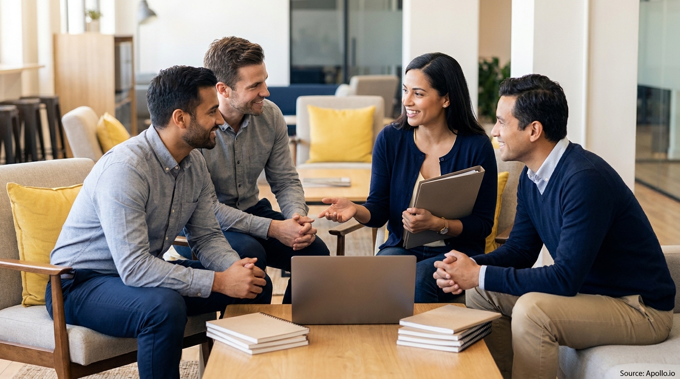 Four smiling colleagues meet informally around a laptop in a bright office.