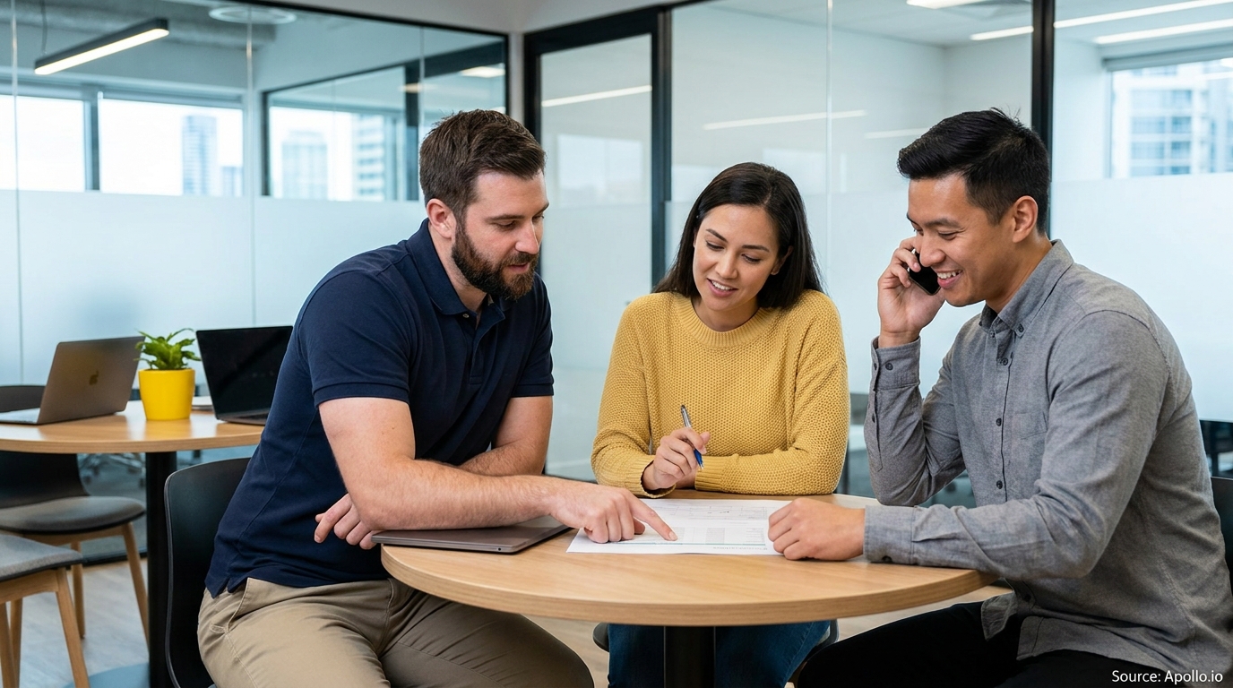 Three people sit at a modern office table reviewing a document, with one talking on a phone.