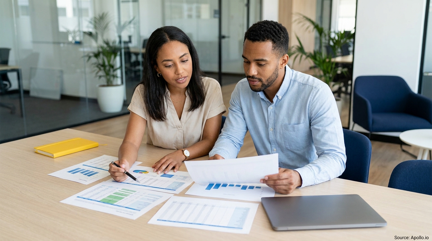 Two colleagues analyze charts and data on papers at a modern office desk.