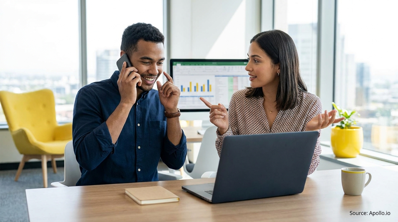 Two colleagues analyze sales data at an office desk with a laptop and charts.