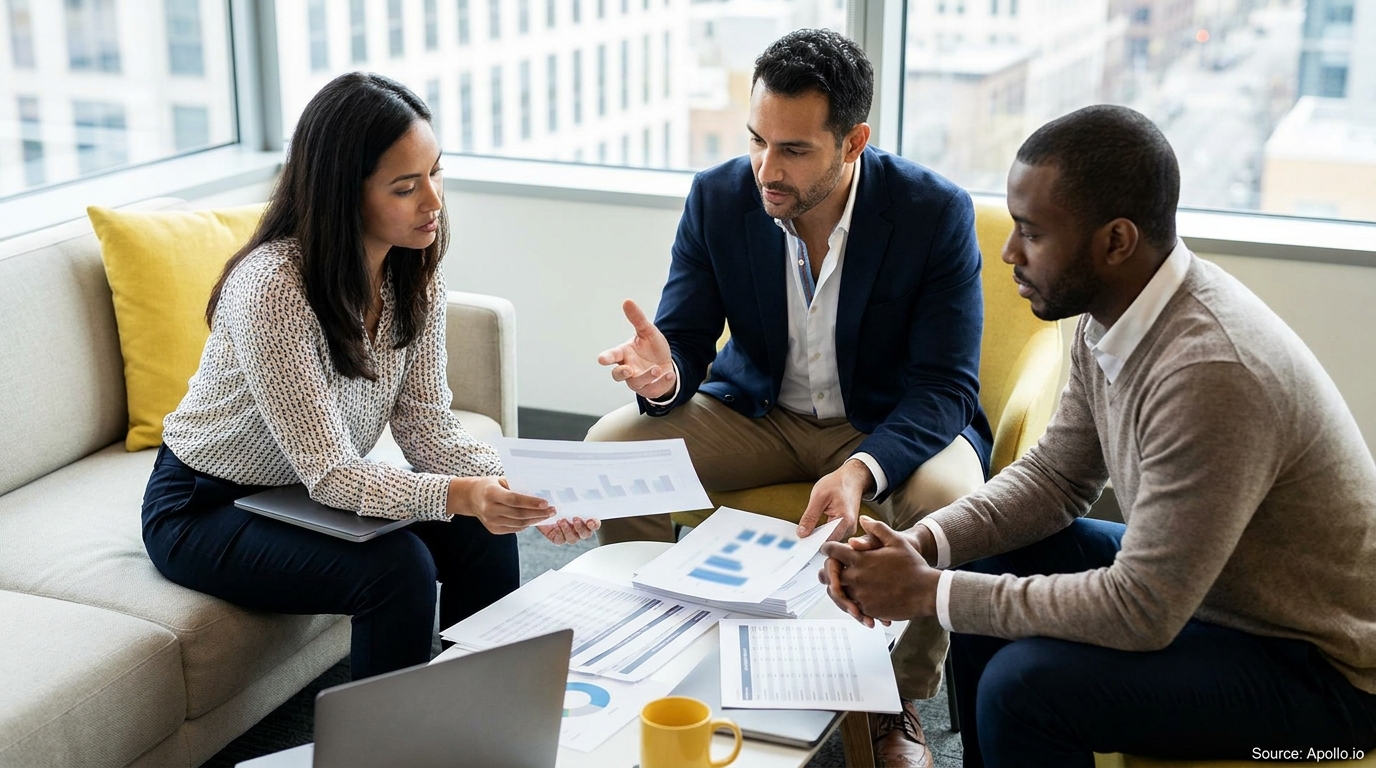 Three professionals analyze charts and documents in a modern office lounge.