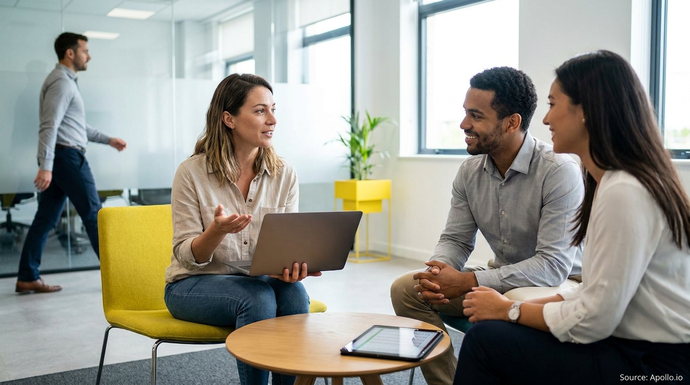 Three professionals discuss in a modern office, one with a laptop, a fourth person walks past.