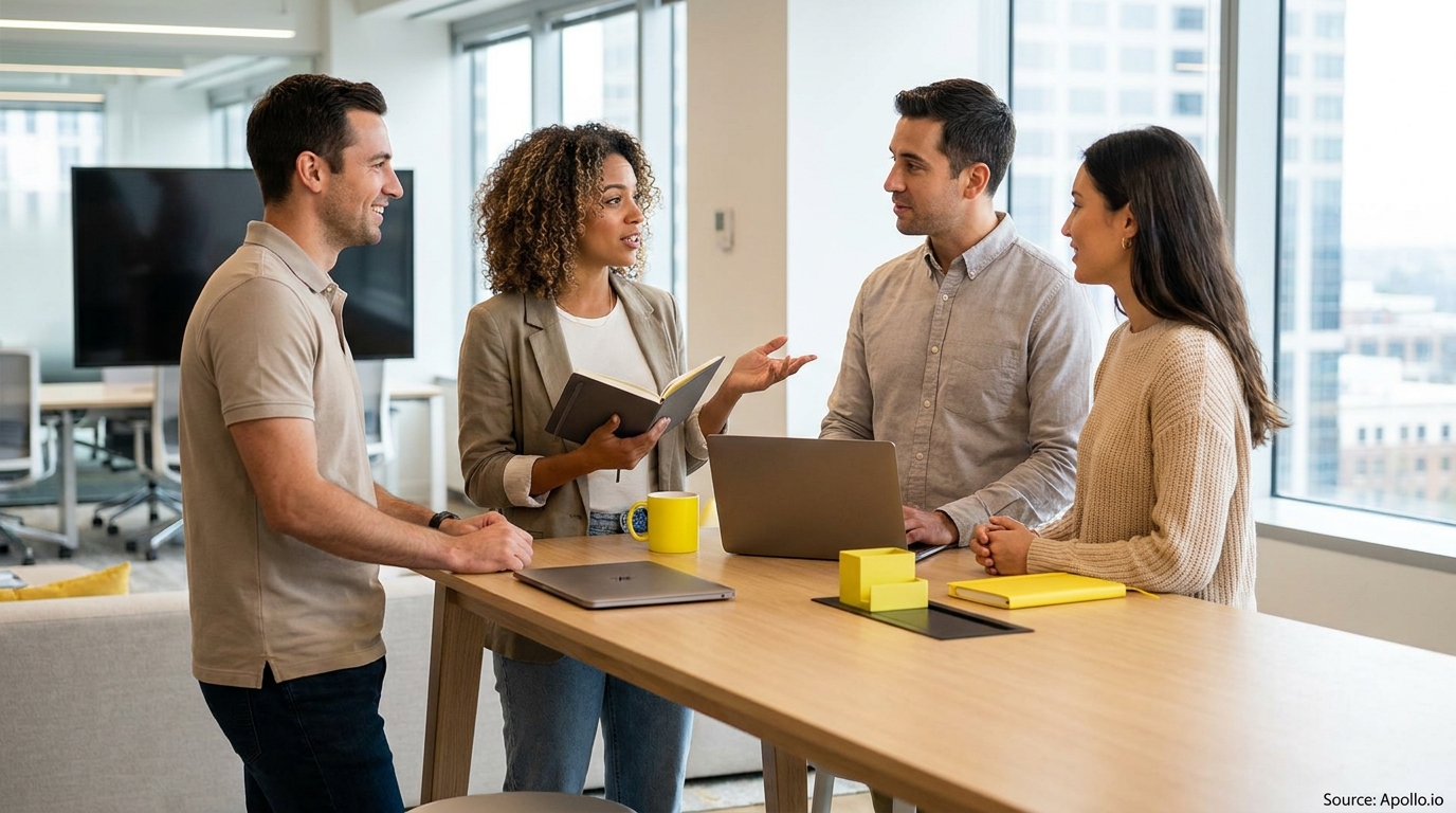 Four people collaborating around a standing table in a bright office.