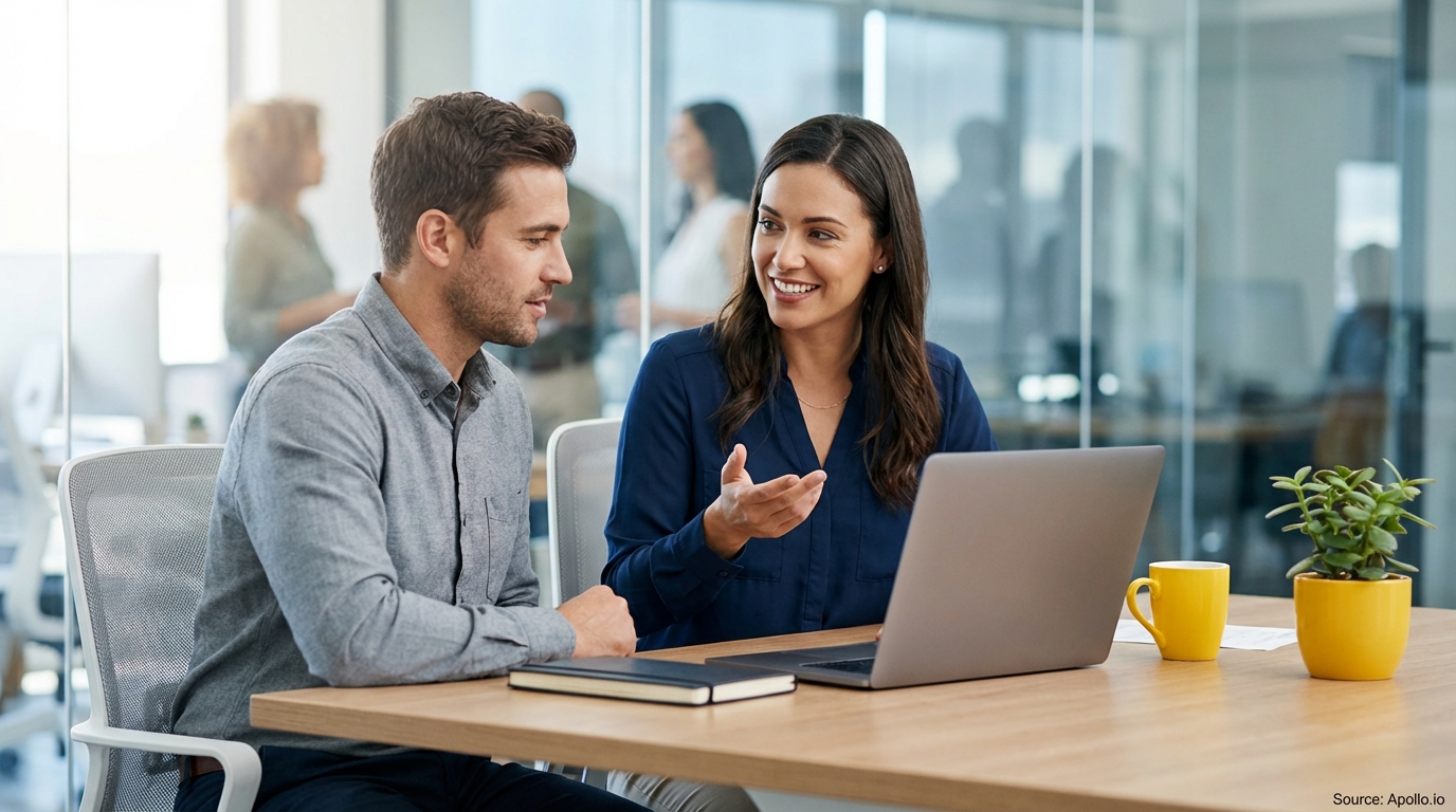 Two professionals discussing work at a modern office desk with a laptop.