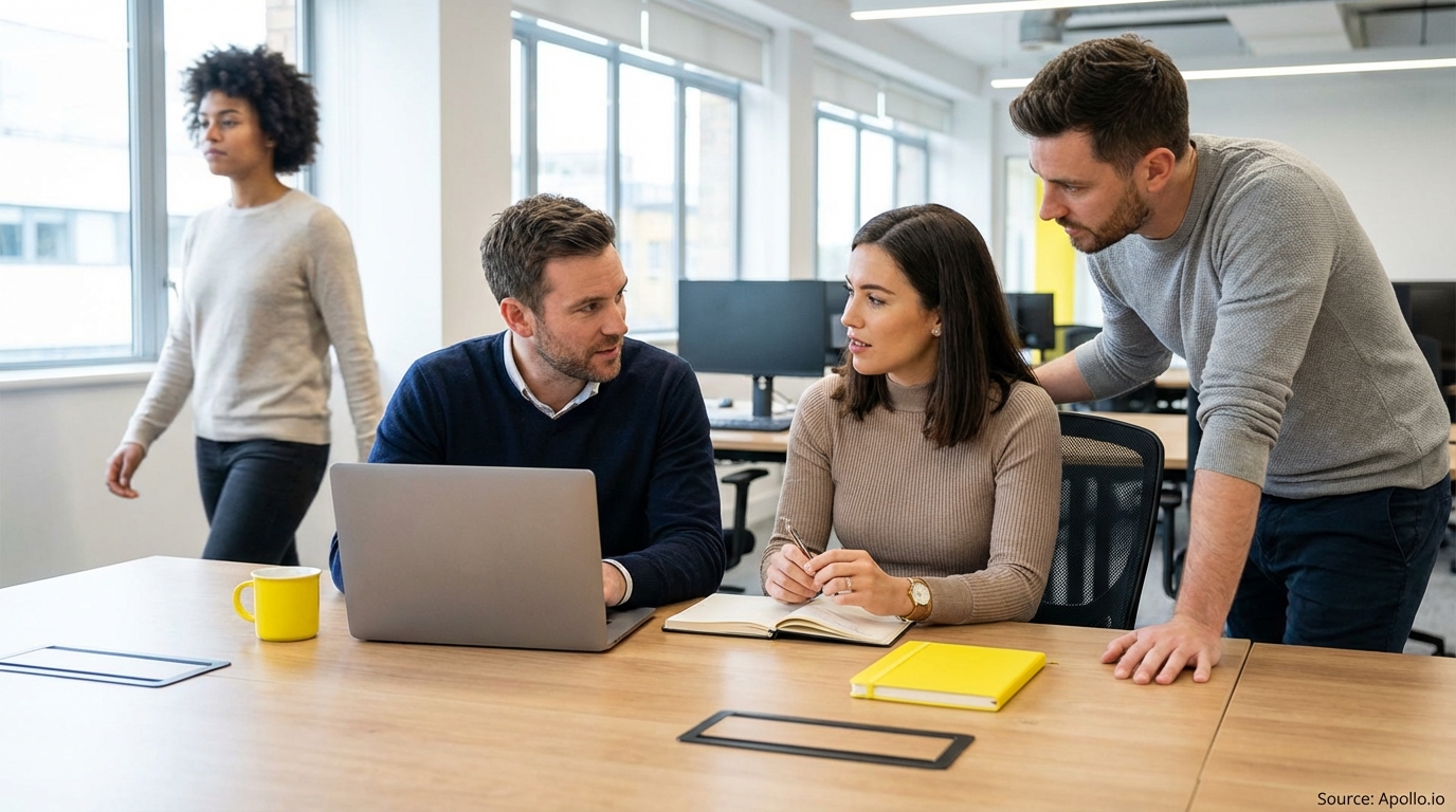 Four professionals collaborate around a table with a laptop and notebooks in a modern office.