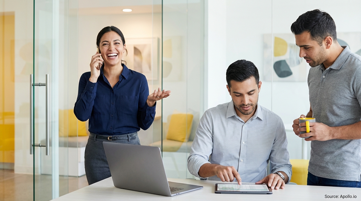 Woman on phone laughs as two men collaborate on a tablet at a modern office desk.