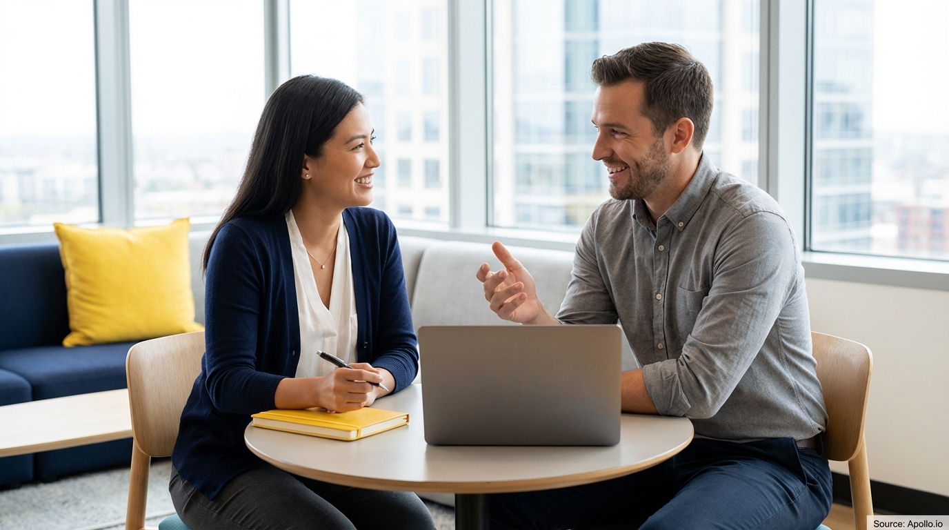 Two smiling professionals converse at a modern office table with a laptop and notebook.