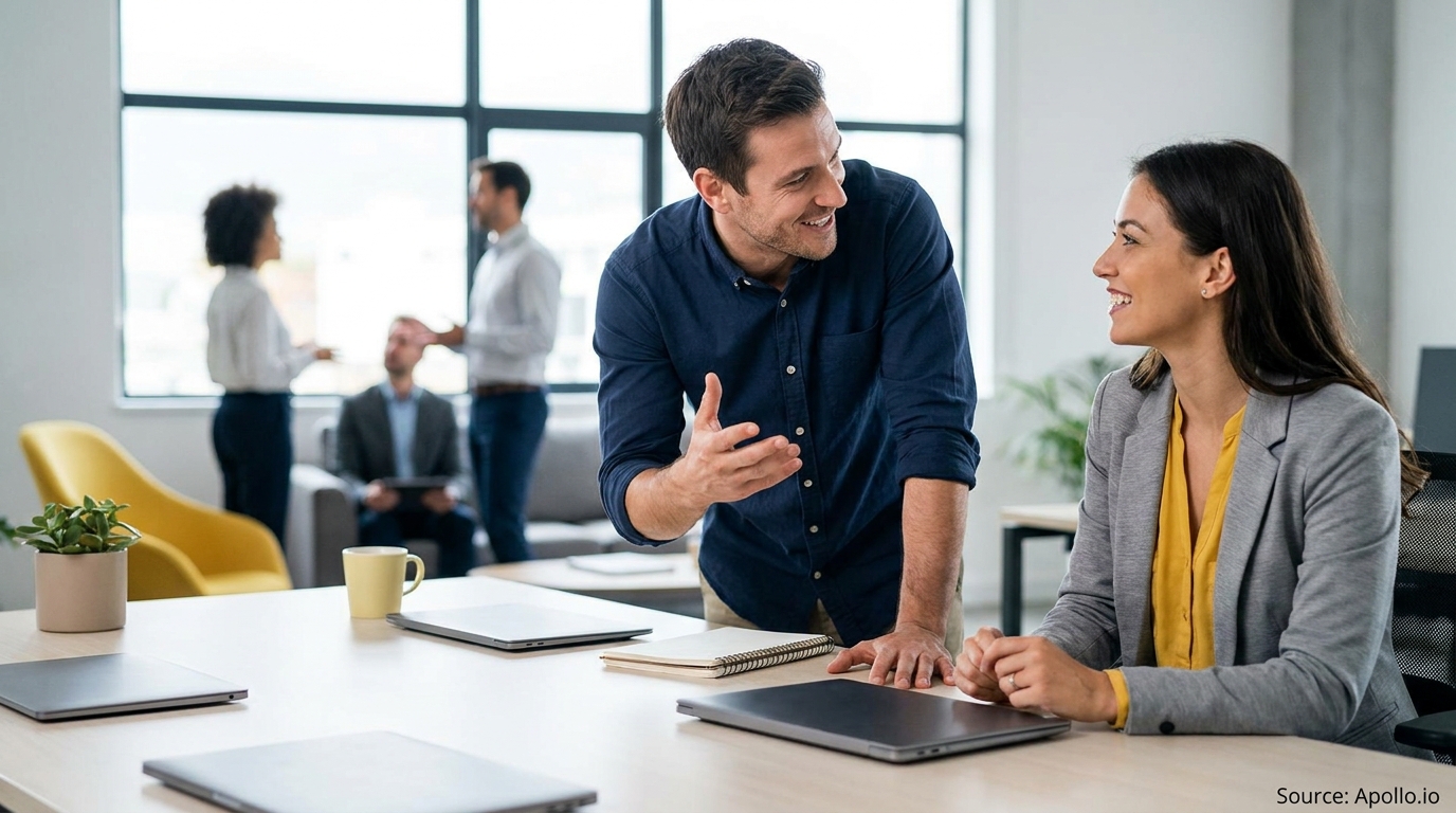 Five smiling professionals are conversing in a bright modern office with laptops on a table.