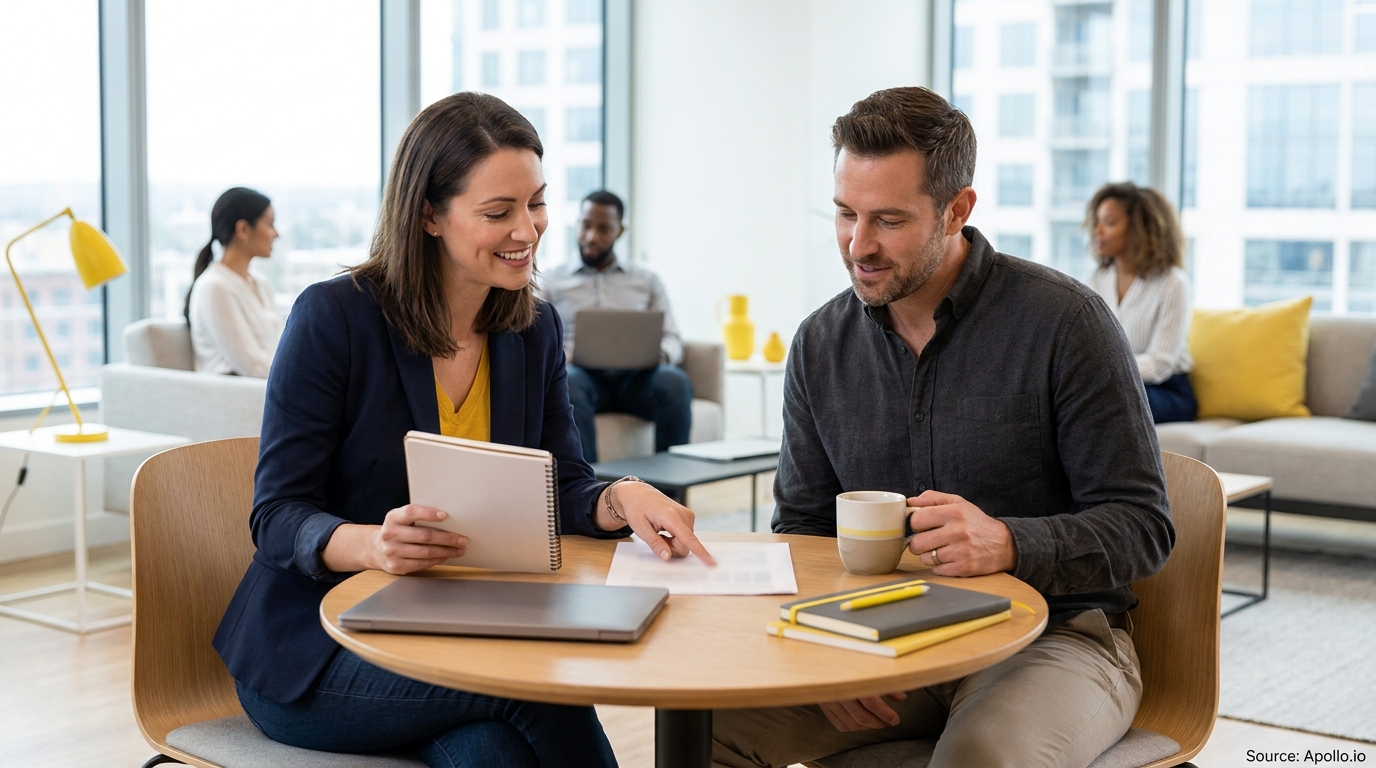 Two professionals discuss a document at a table in a modern office with others in the background.