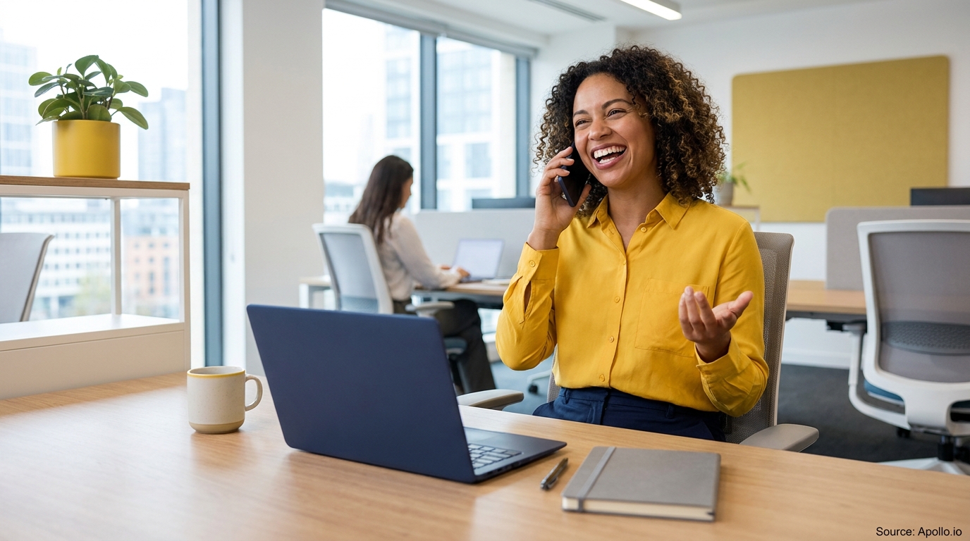 Happy woman talking on phone at a modern office desk with colleague working in background.