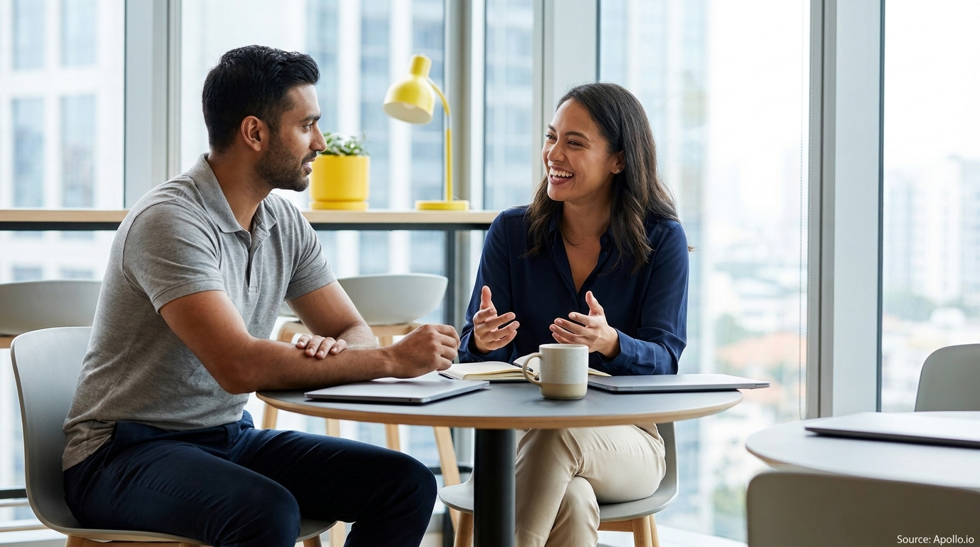 Two colleagues smiling and conversing at a table in a bright office.