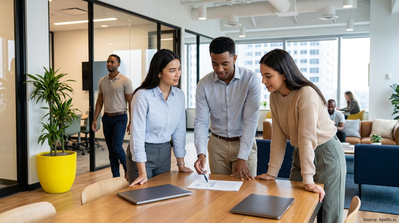 Three colleagues review a document at a table in a brightly lit office.