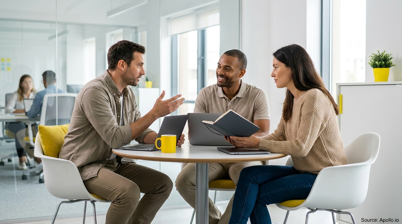 Three colleagues collaborate around a table with laptops in a bright office.