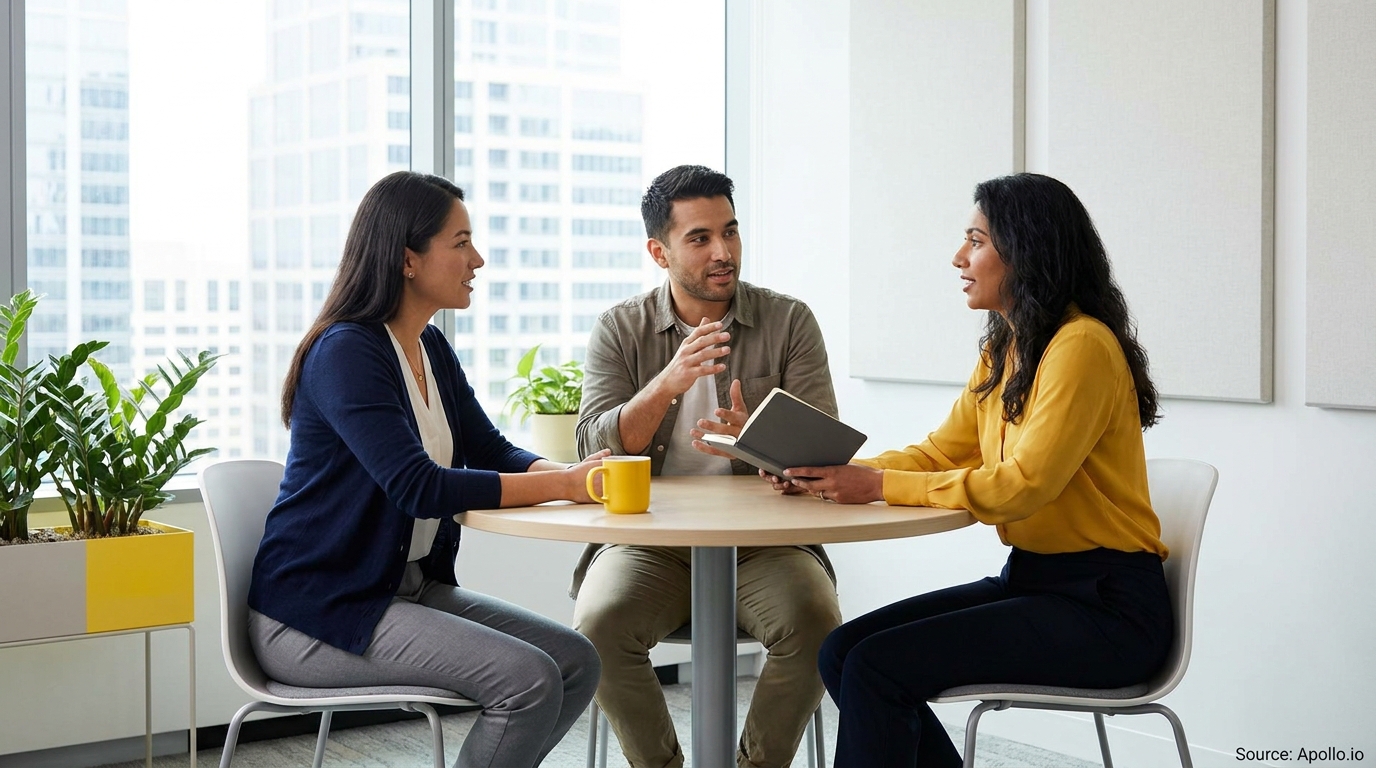 Three professionals discussing at a modern office table by large windows.