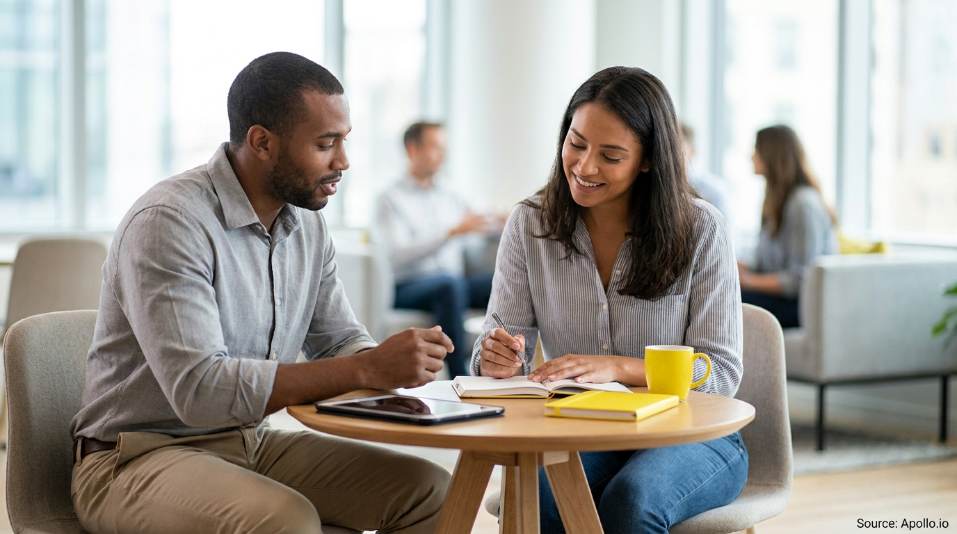 Two professionals discuss work at a modern office table, one writing in a notebook.