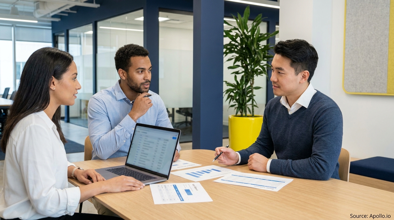 Three diverse colleagues review data and a laptop in a modern office meeting.
