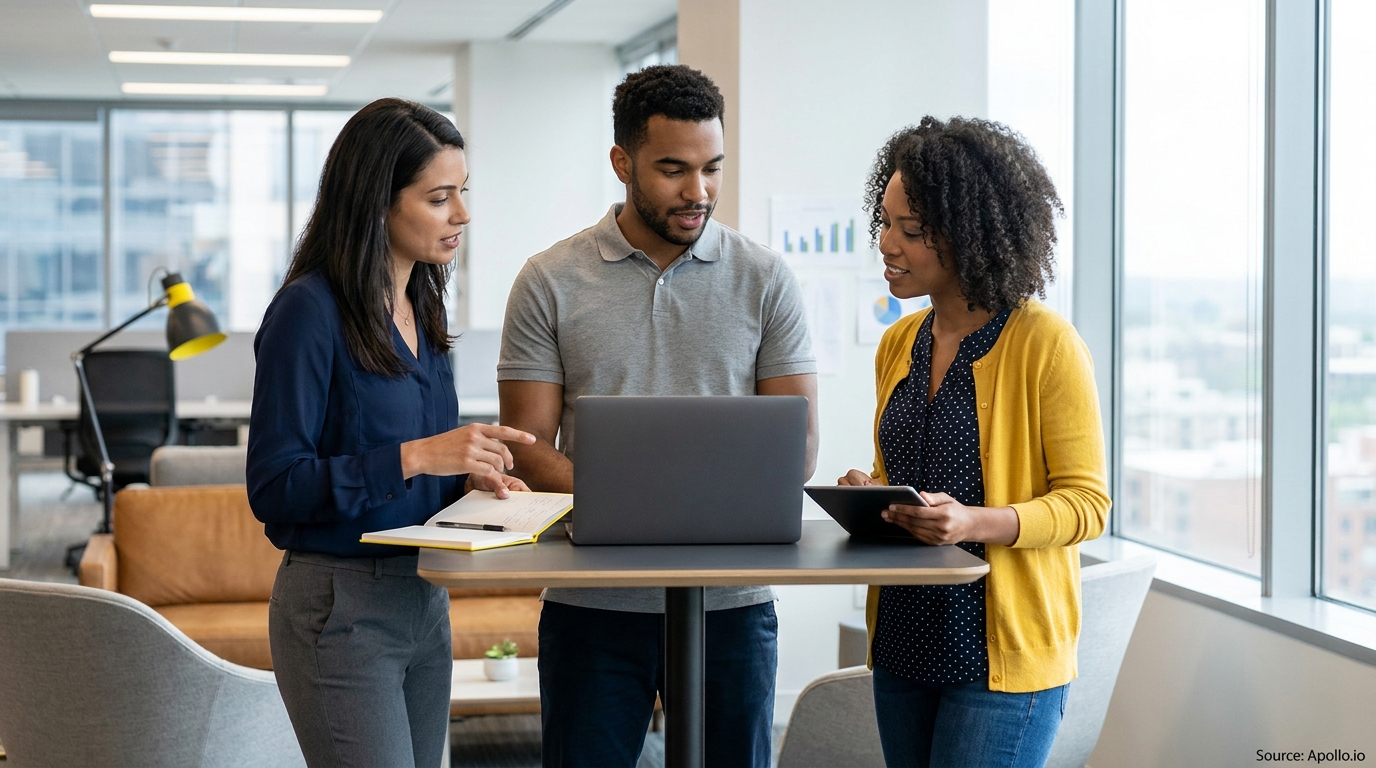 Three people analyze data on a laptop and tablet at an office standing desk.