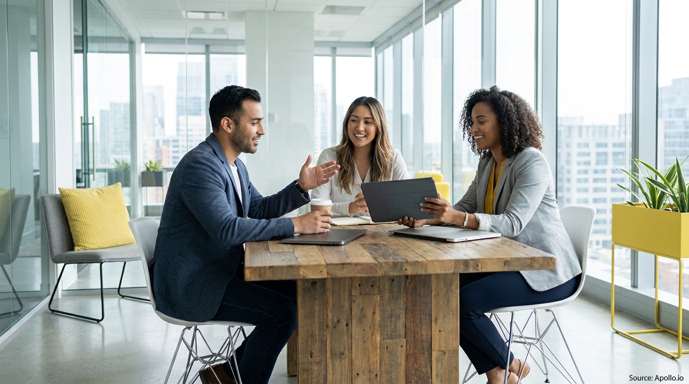Three smiling colleagues collaborate at a wooden table in a bright office with city views.