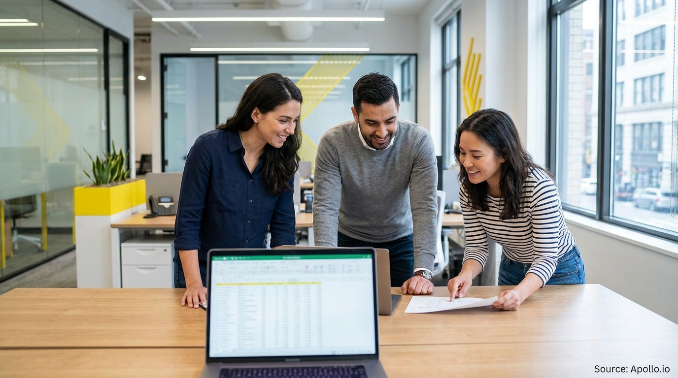 Three smiling colleagues examine spreadsheet data on a laptop and paper in a modern office.