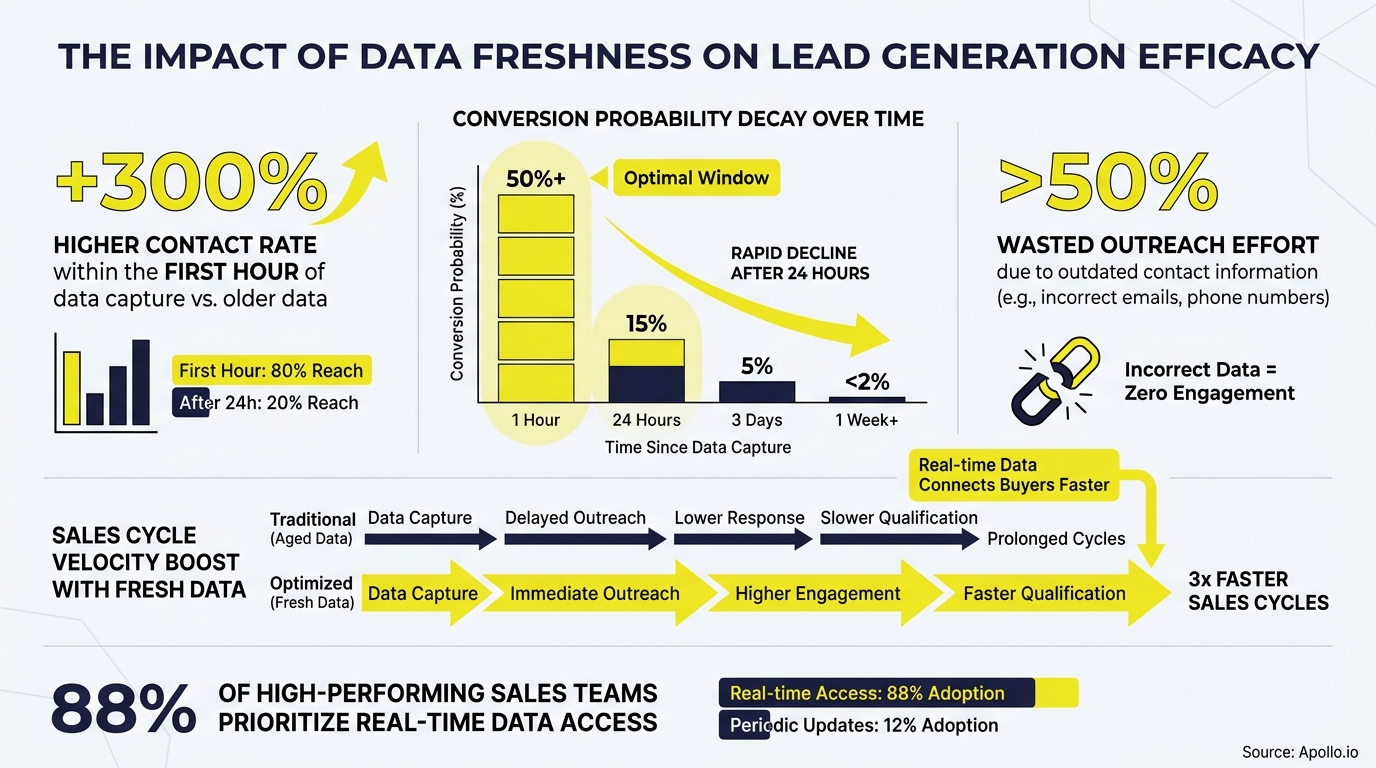 Infographic displays charts and text illustrating how fresh data improves lead generation and sales cycles.