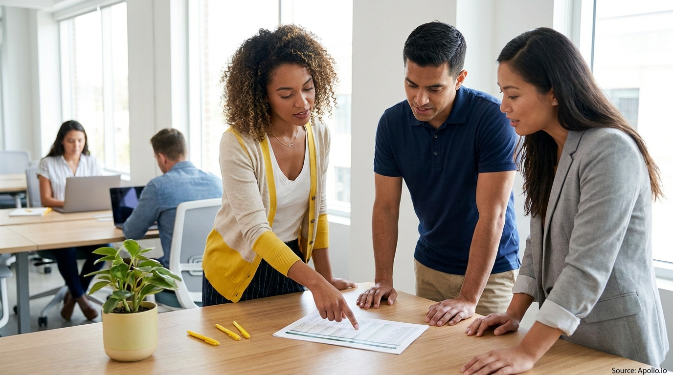 Three professionals discuss a document at a modern office table.