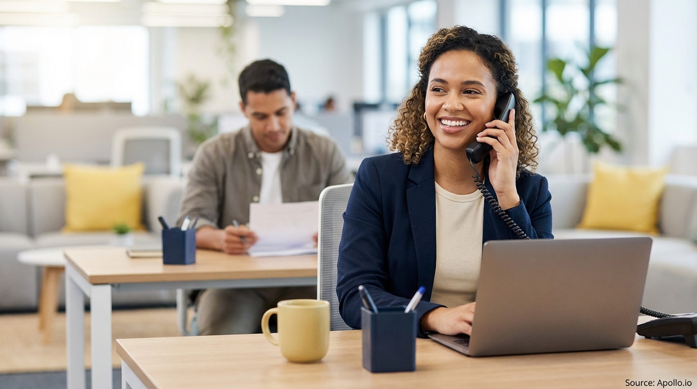 Smiling woman on phone and laptop at a desk, with a man writing in a bright modern office.