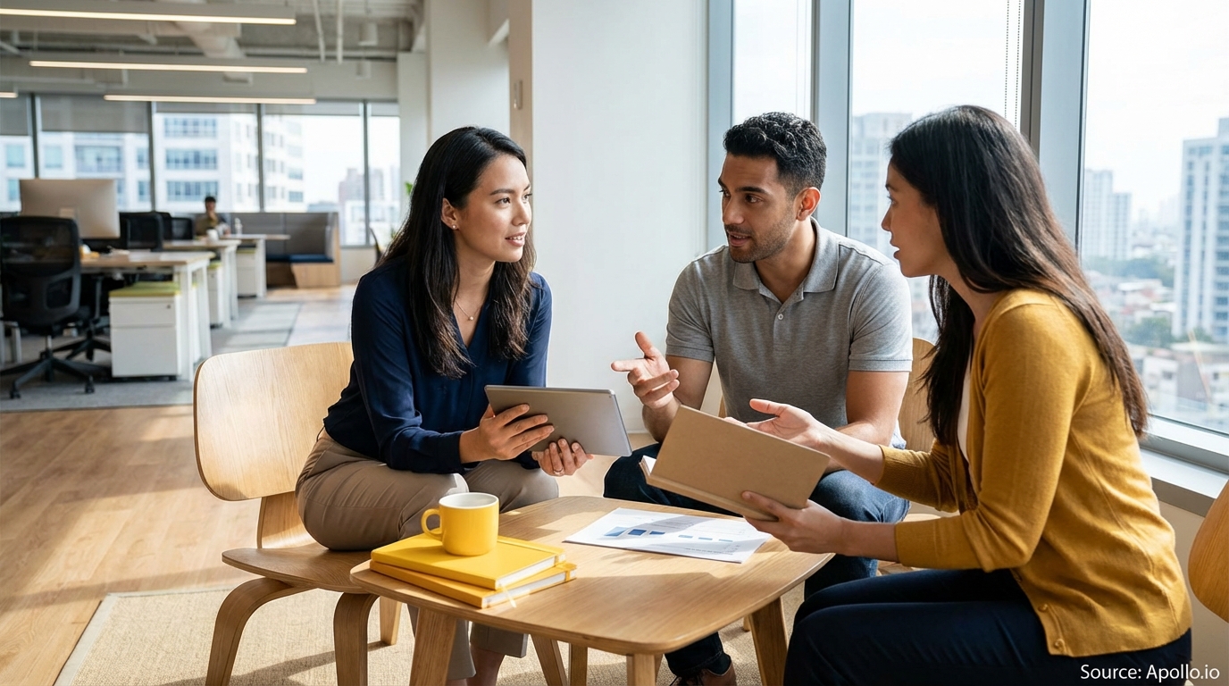 Three colleagues discuss documents and a tablet in a modern office.