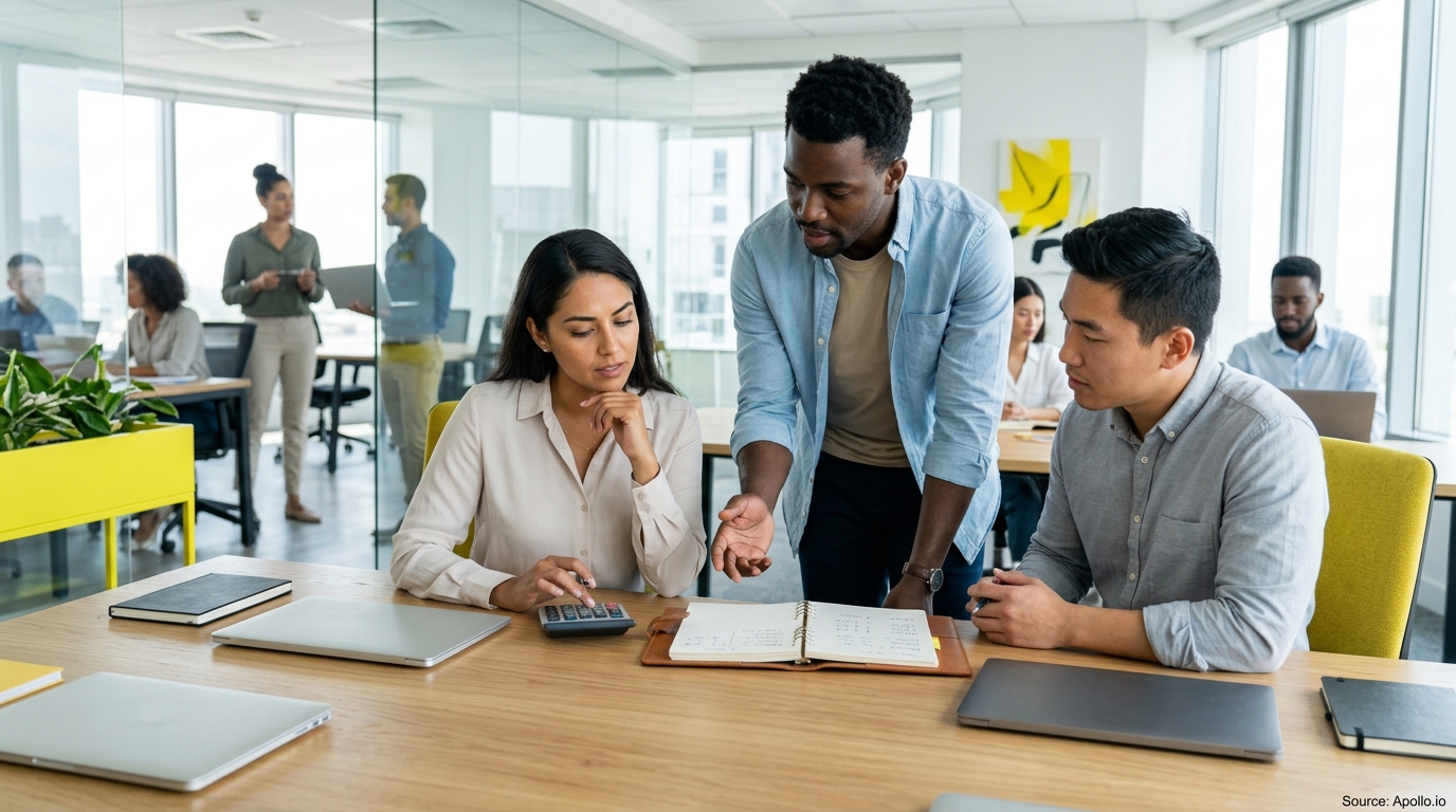 Three professionals review a notebook and calculator at a wooden table in a bright, modern office.