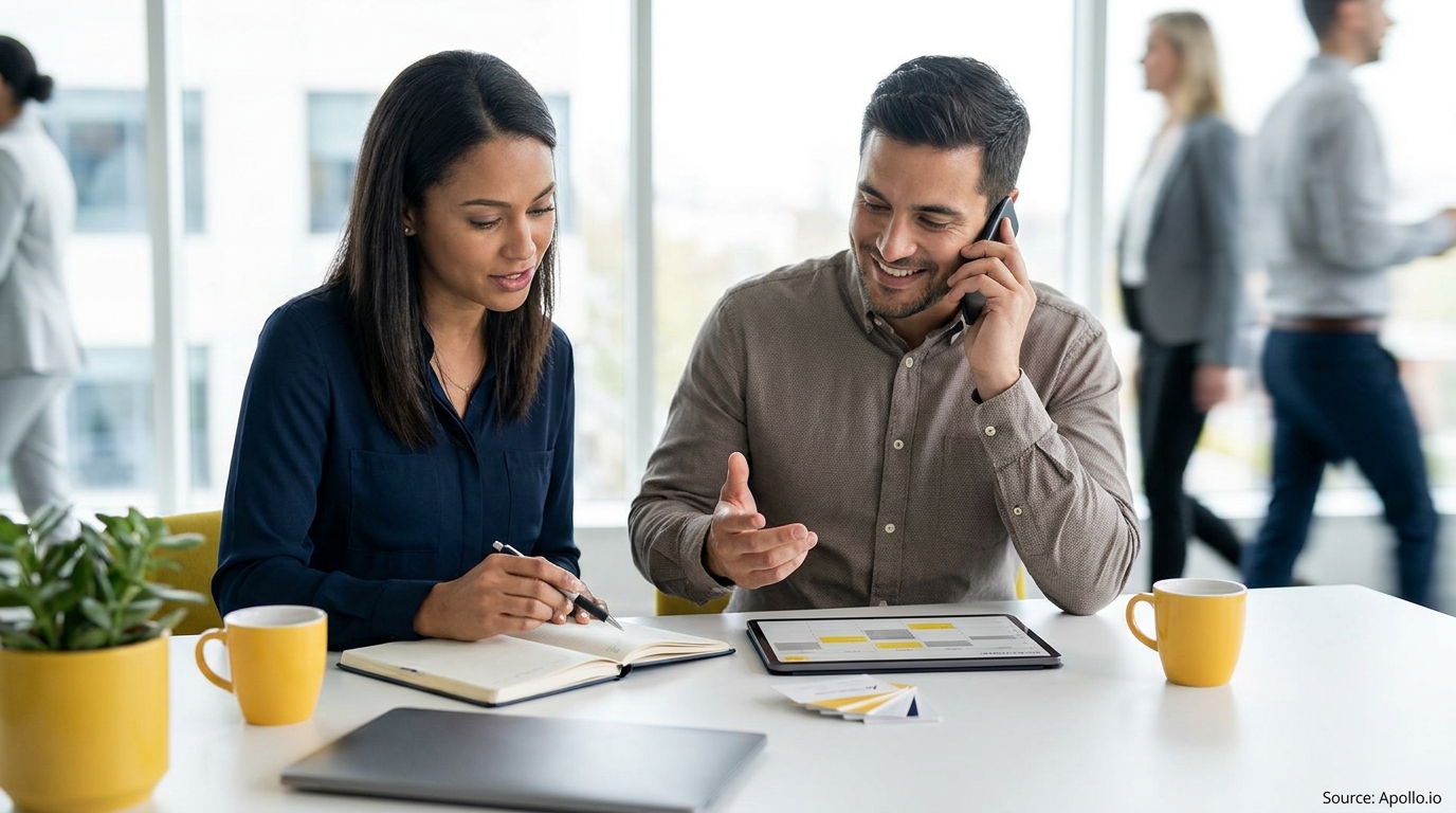 Two professionals collaborate at a modern office desk, one writing, one talking on phone.