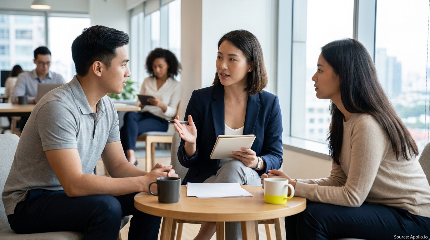 One woman speaks while two people listen at a small table in a modern office.