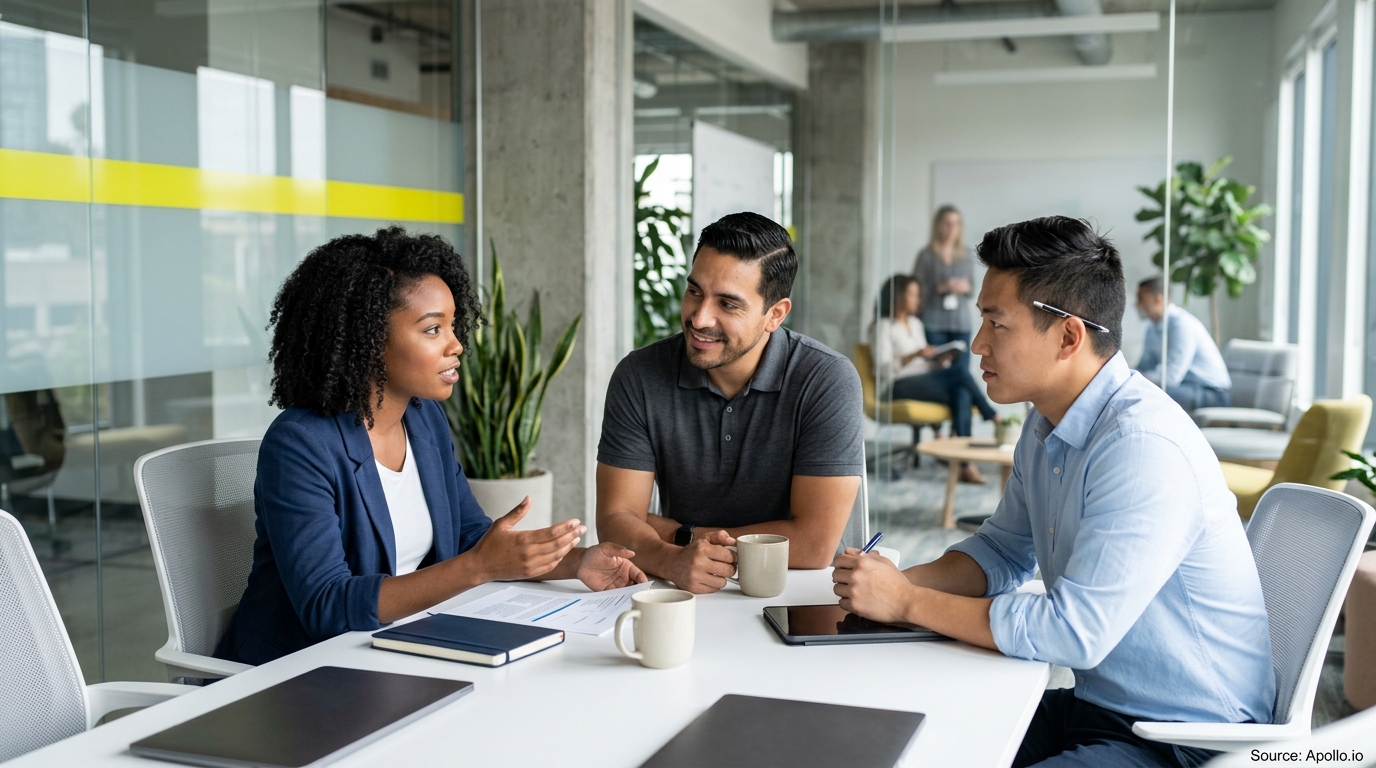 Three professionals discuss documents at a conference table in a bright, modern office.