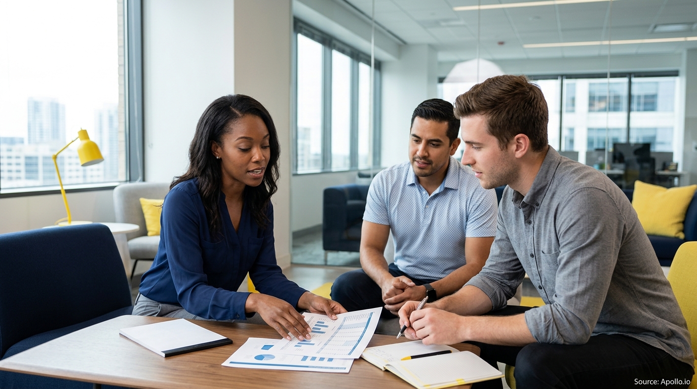 Three professionals review data charts and documents while seated at a table in a modern office.