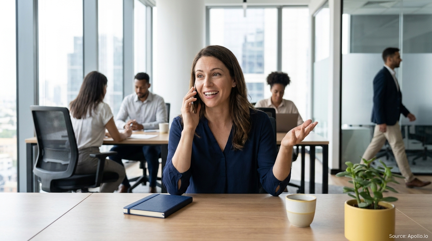 Smiling woman on phone at a desk in a bustling modern office with several colleagues.