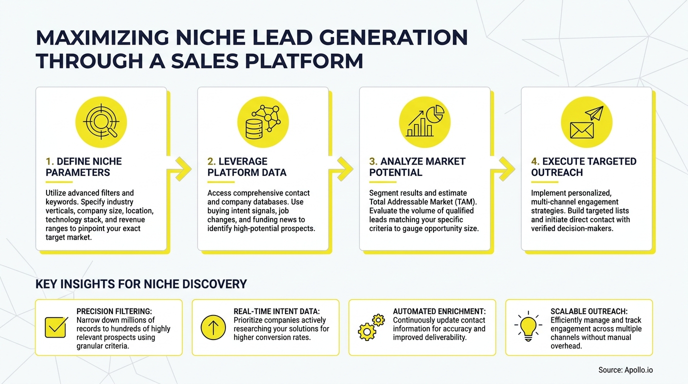 Diagram detailing four steps for niche lead generation and four supporting insights.