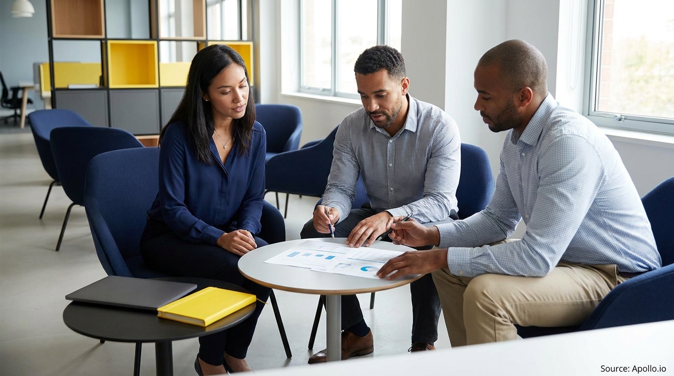 Three professionals reviewing a document with charts at a table in a modern office.