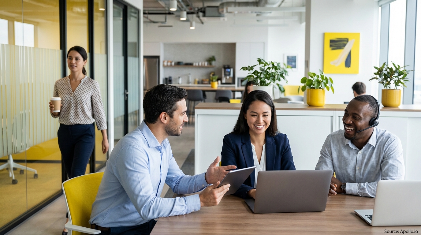 Three diverse colleagues using devices at a table, one woman walks with coffee.