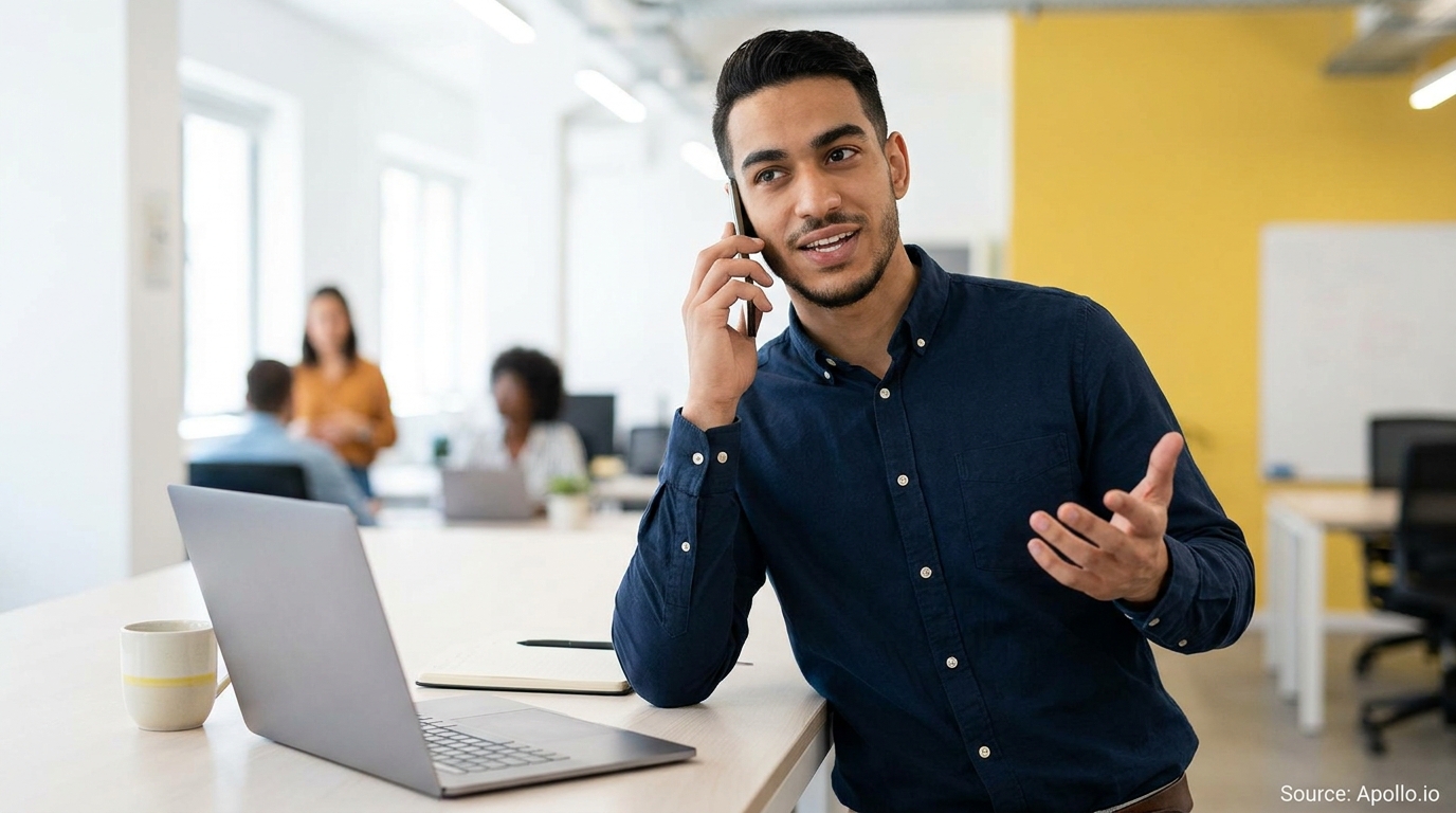 Man on phone at office table, gesturing, with blurred colleagues in a modern office.