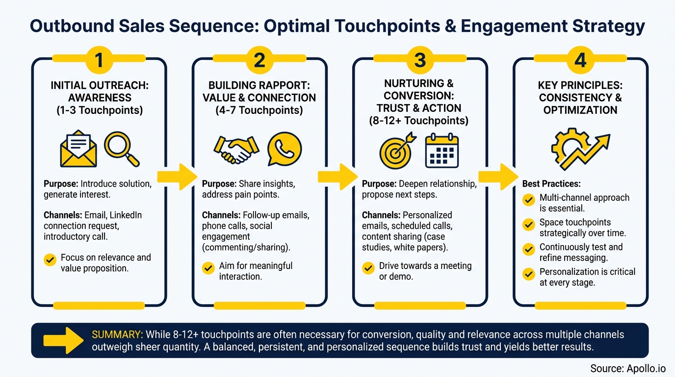 Infographic outlining a four-step outbound sales sequence with optimal touchpoints and engagement strategy.