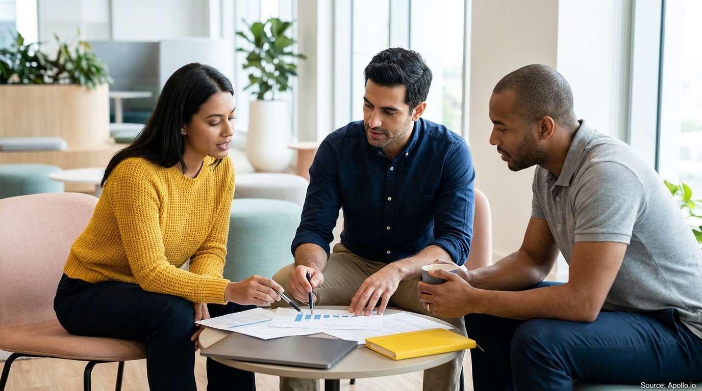 Three diverse professionals discuss charts and documents at a modern office table.